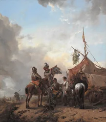 Soldaten die feestvieren met een dienstmeid buiten een tent